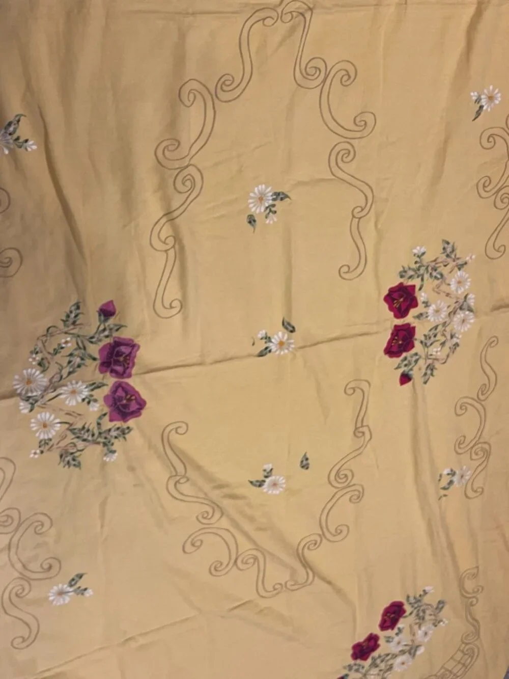Vintage Yellow Embroidered Floral Tablecloth Rectangle 57